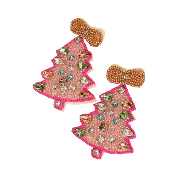 Fashion Jewelry Jewelry - Pink Beaded Christmas Tree Dangle Earrings